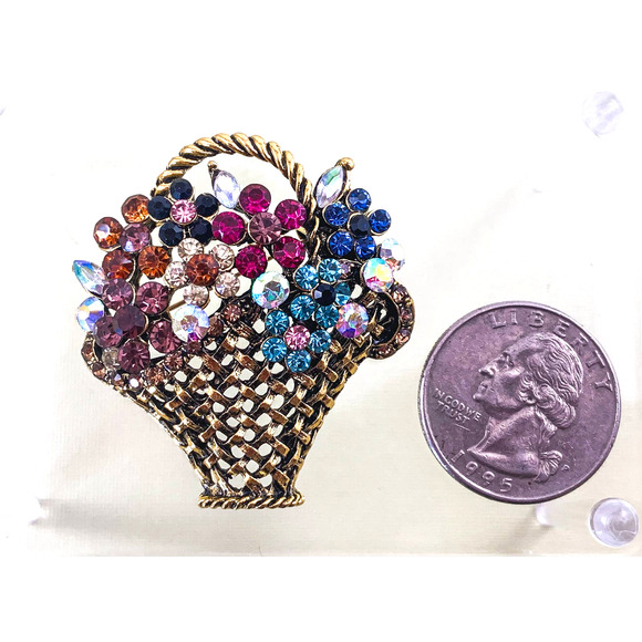 Super Sparkly Basket Full of Flowers Brooch/ Pin, Multicolored Rhinestones - NEW - Picture 2 of 5